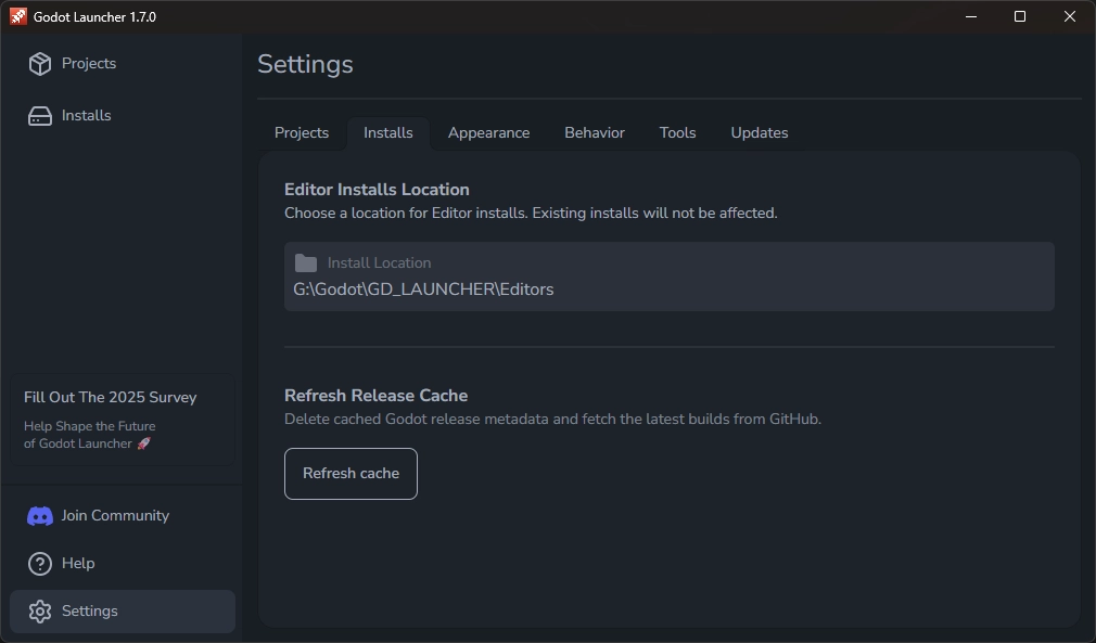 Godot Launcher 1.7.0 Hero Image Showing Settings Installs