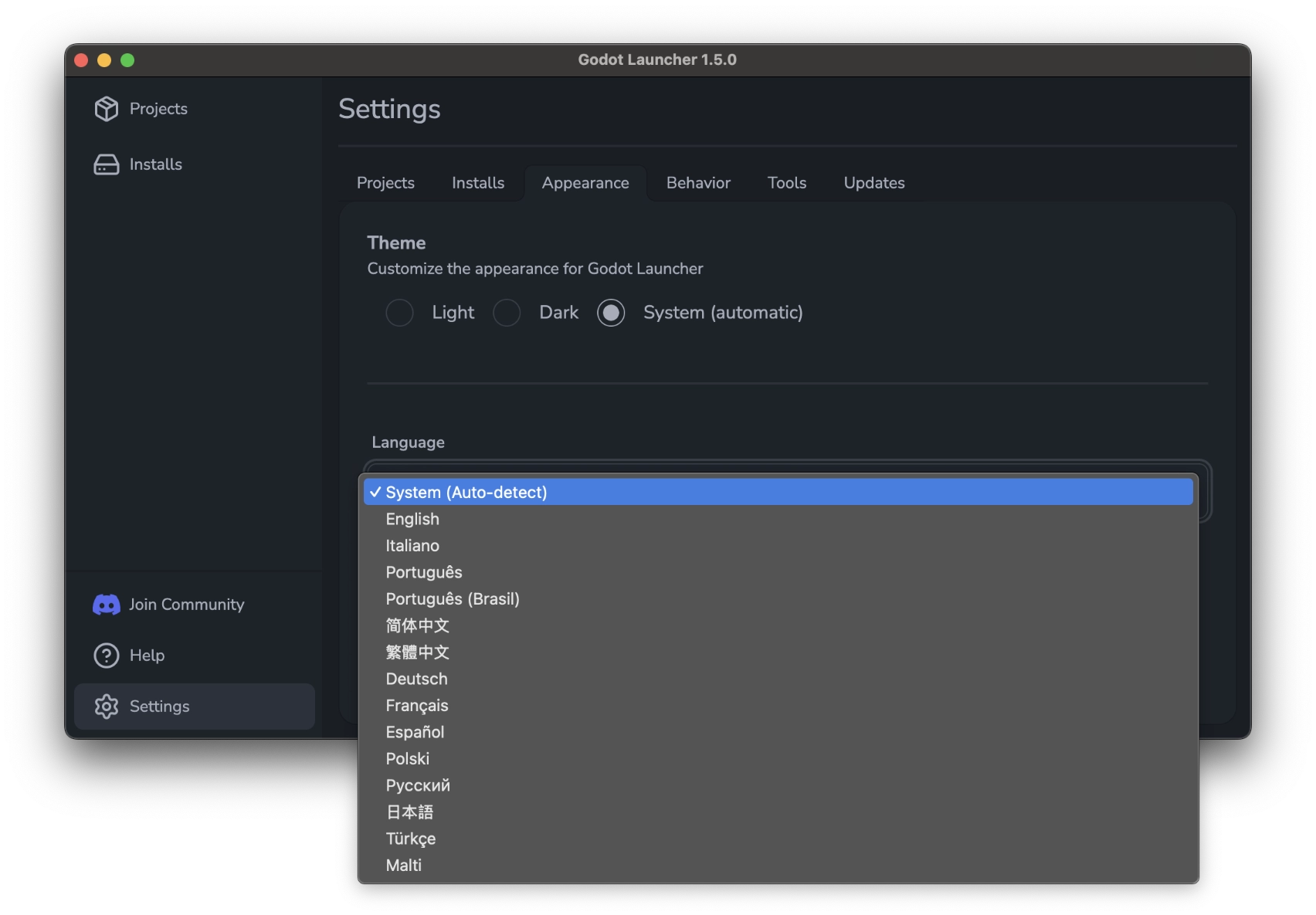 Language selector showing 14 locales in Godot Launcher