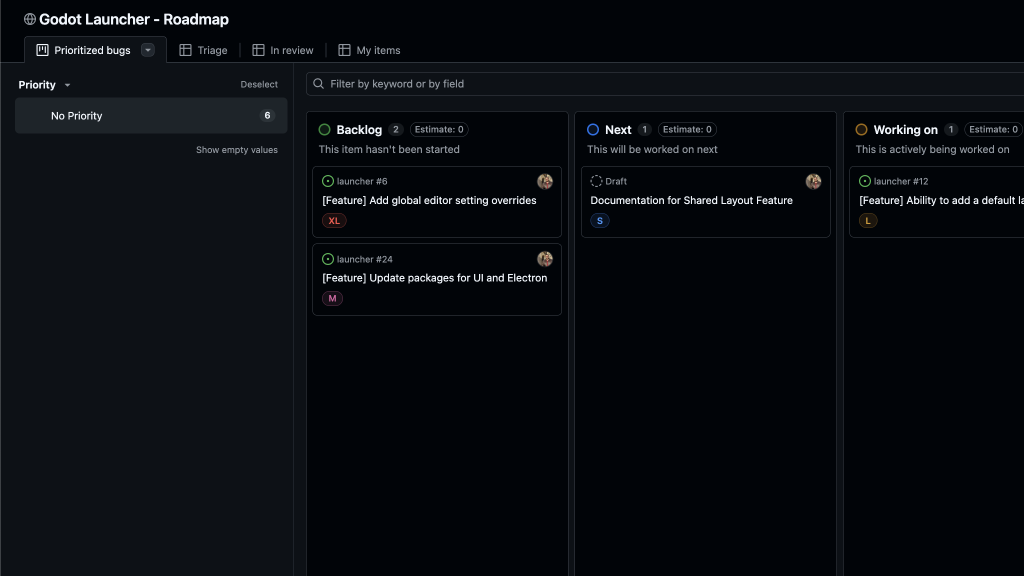 Kanban view of GitHub Projects board used for roadmap