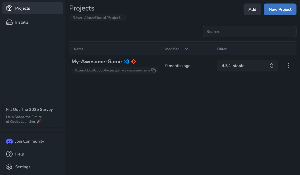Projects view showing added entries
