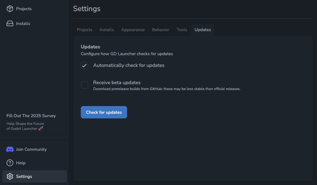 Settings view with updates options