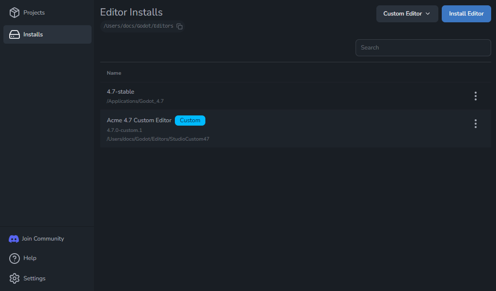 Installs view showing registered custom-built Godot editors