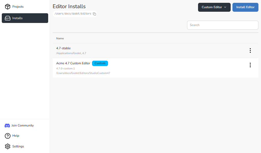 Installs view showing registered custom-built Godot editors