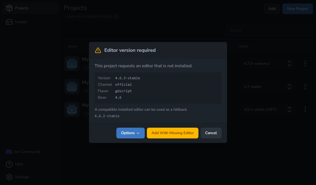 Editor version required dialog