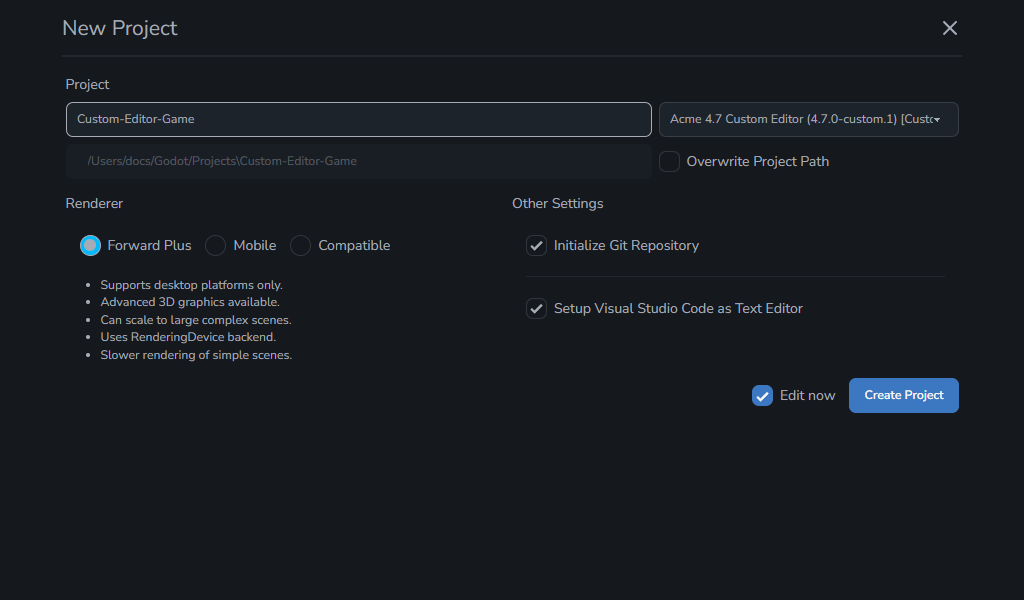 Create Project view with a custom editor selected