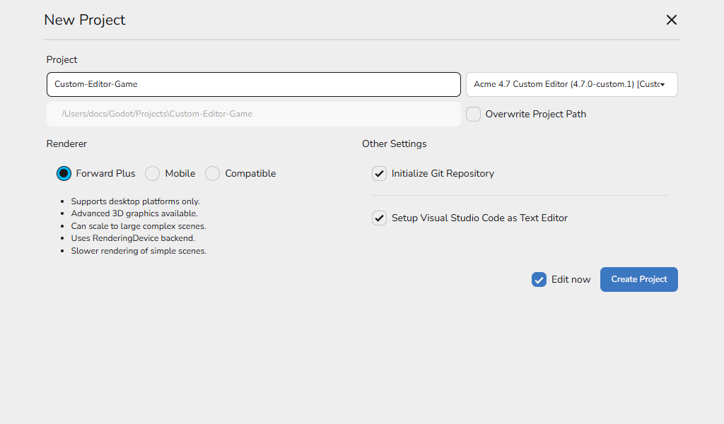 Create Project view with a custom editor selected