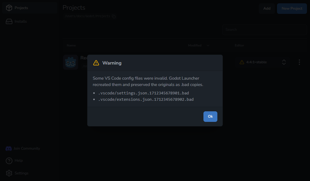 VS Code configuration recovery warning