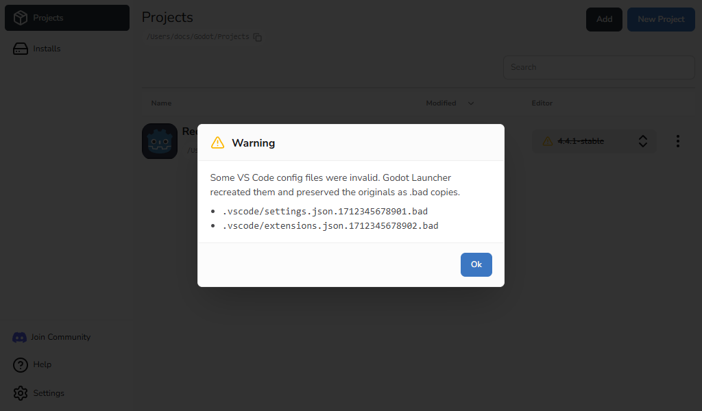 VS Code configuration recovery warning