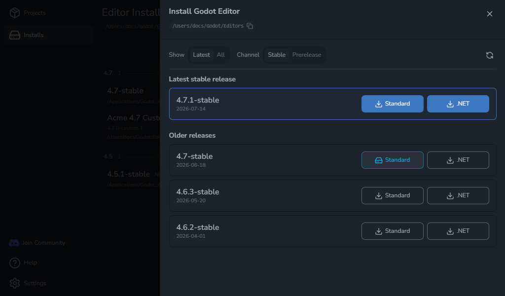 Install Godot Editor drawer with stable Standard and .NET releases
