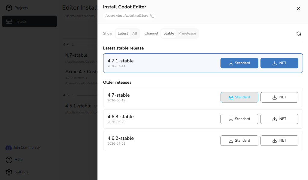 Install Godot Editor drawer with stable Standard and .NET releases