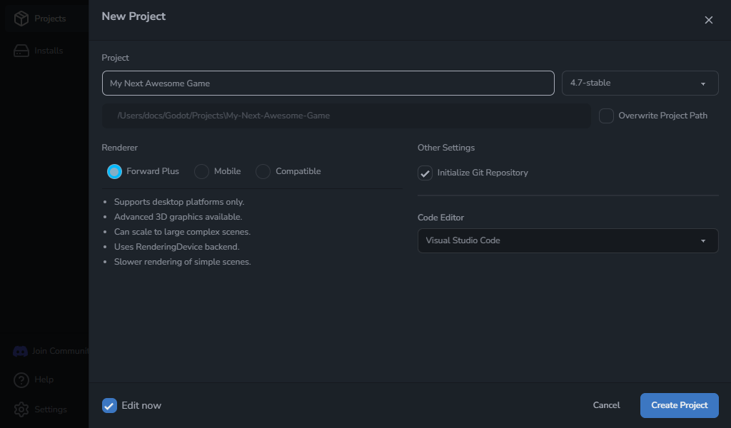 New Project drawer with Git enabled and Visual Studio Code selected