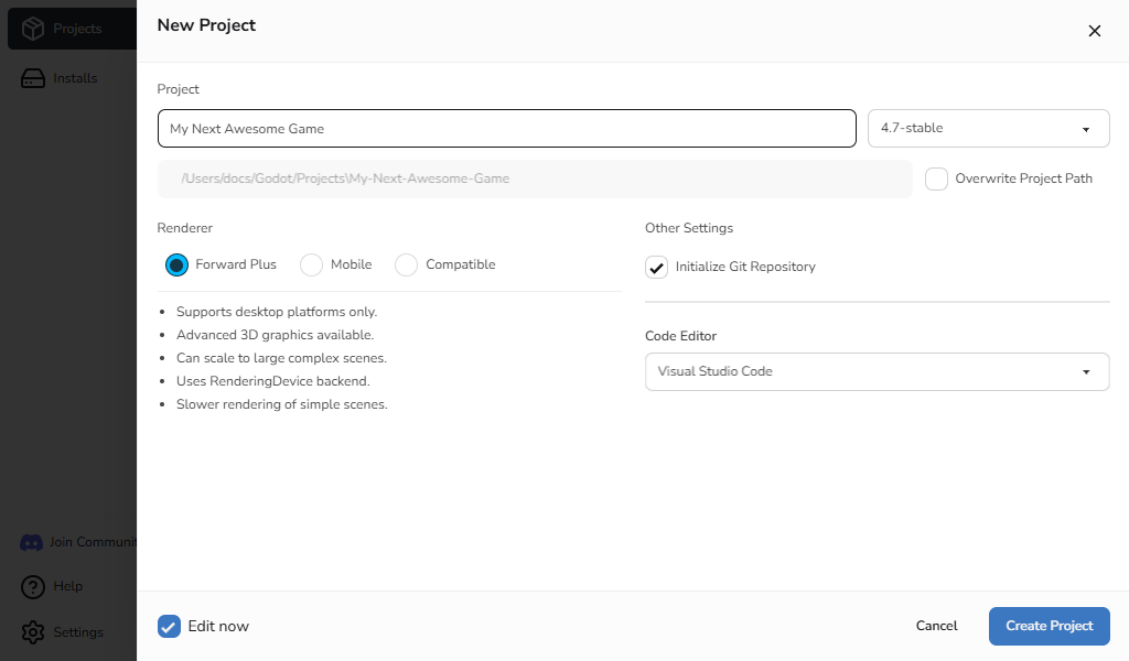 New Project drawer with Git enabled and Visual Studio Code selected