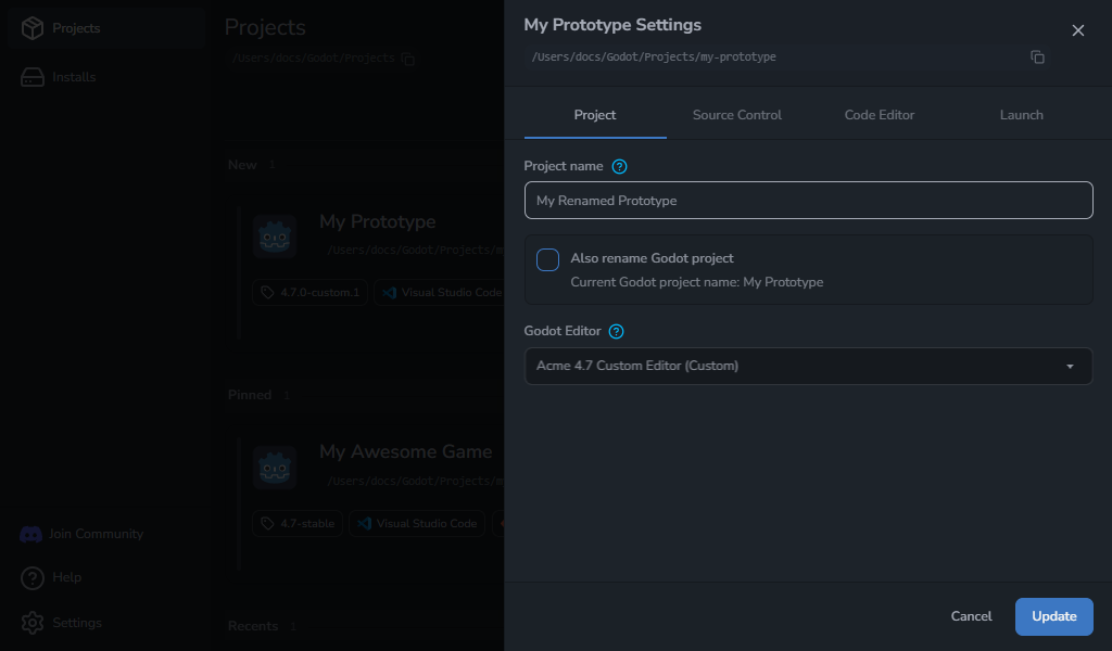 Project Settings drawer with Project, Source Control, Code Editor, and Launch tabs