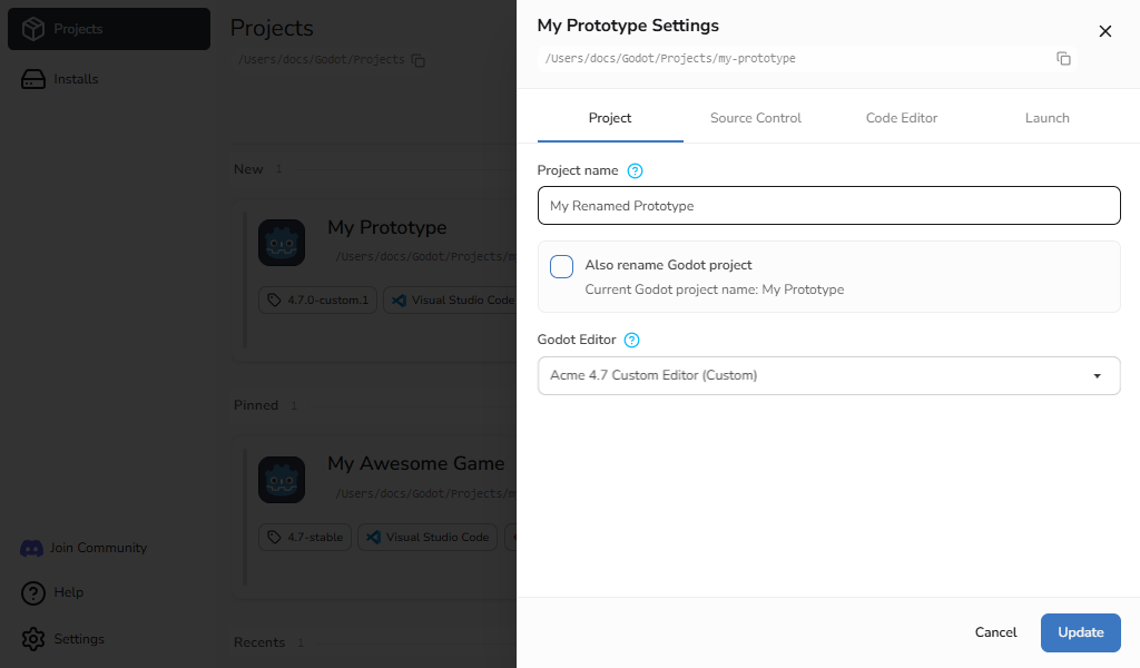 Project Settings drawer with Project, Source Control, Code Editor, and Launch tabs