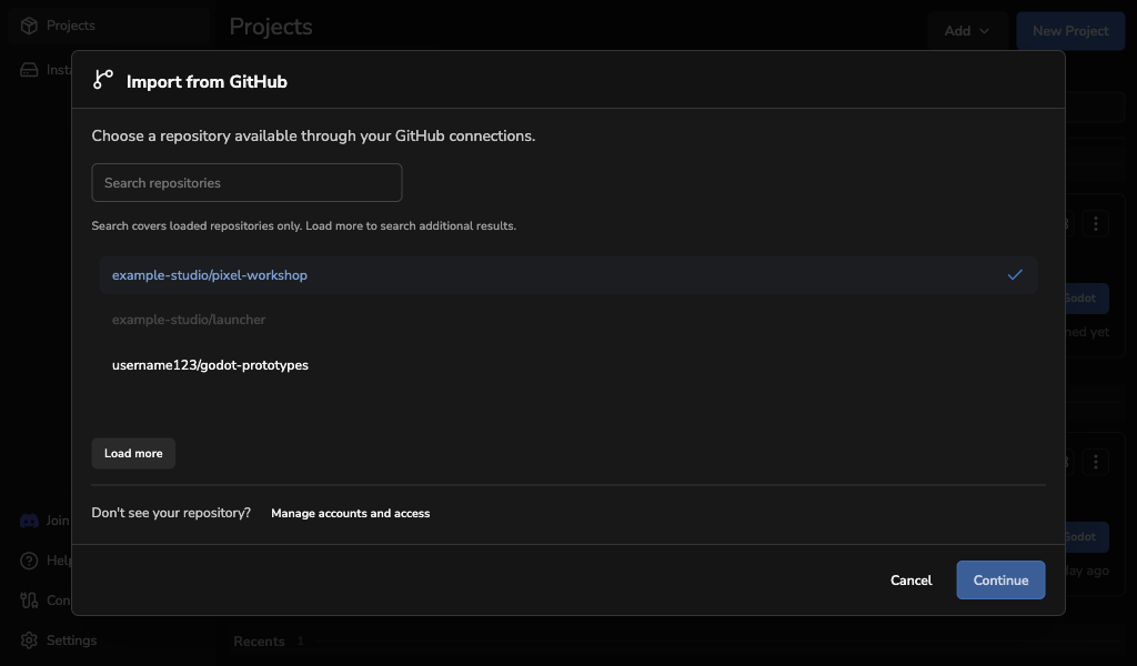 Importing a Godot project from GitHub in Godot Launcher
