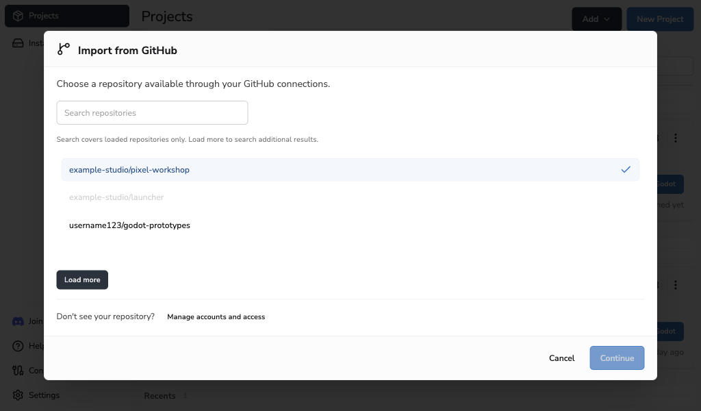 Importing a Godot project from GitHub in Godot Launcher