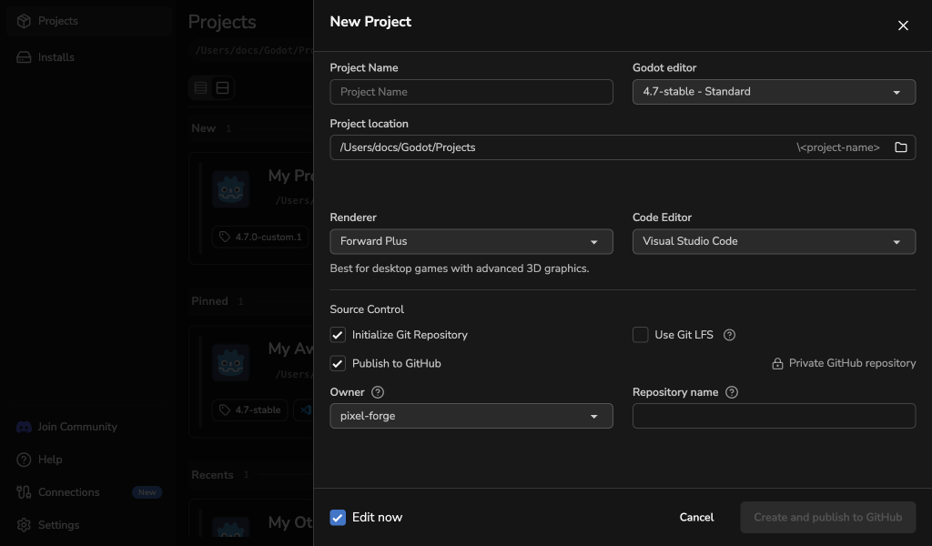 Creating a Godot project with a private GitHub repository