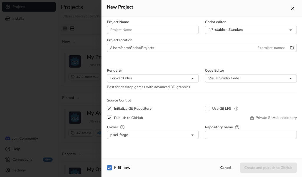 Creating a Godot project with a private GitHub repository