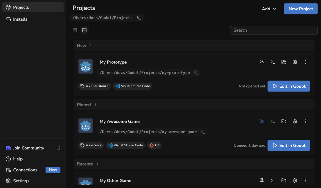 Godot Launcher project cards with quick access to terminal and project actions