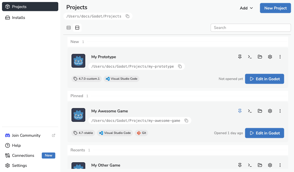 Godot Launcher project cards with quick access to terminal and project actions