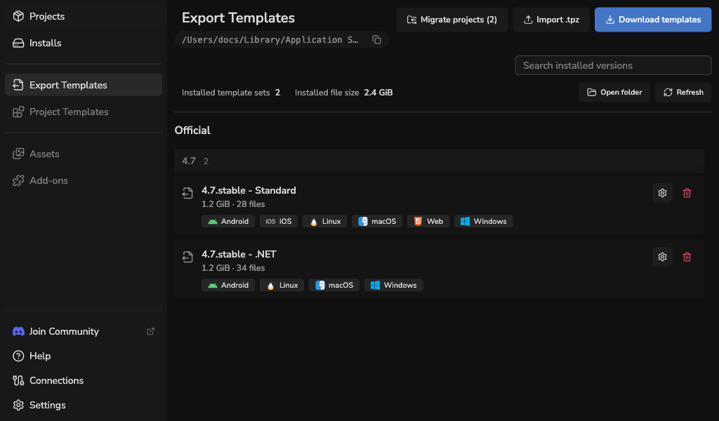 Godot Launcher export template library with shared Standard and .NET collections