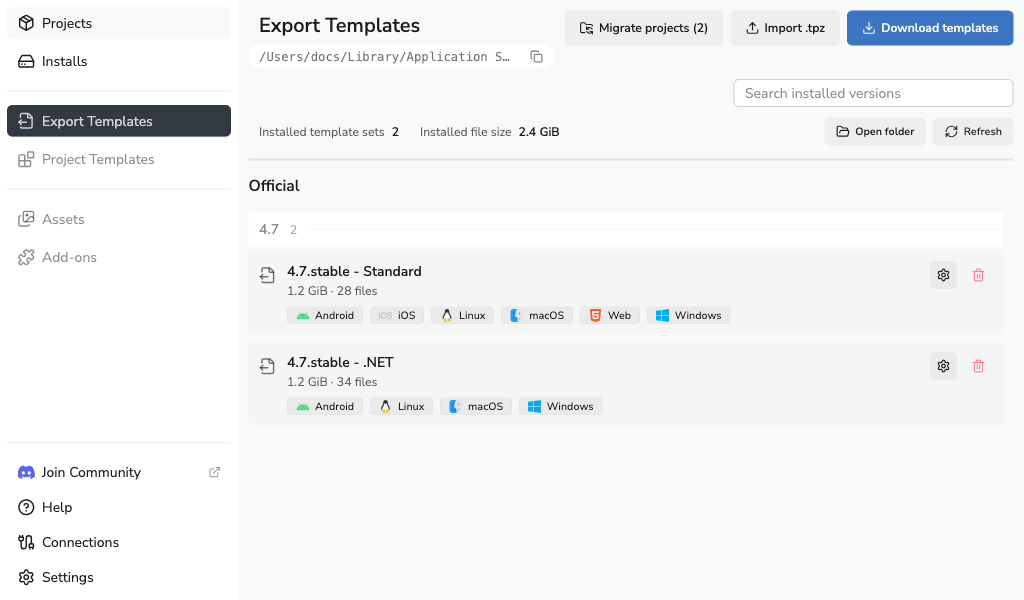 Godot Launcher export template library with shared Standard and .NET collections