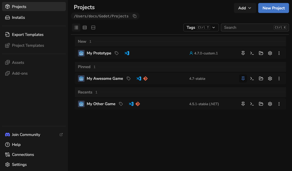 Godot Launcher List view with one line per project, editor versions and direct actions