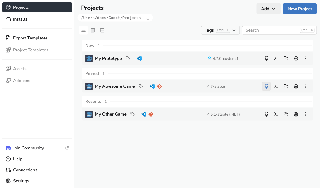 Godot Launcher List view with one line per project, editor versions and direct actions