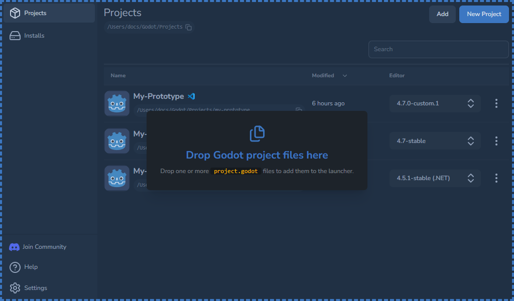 Projects view showing added entries