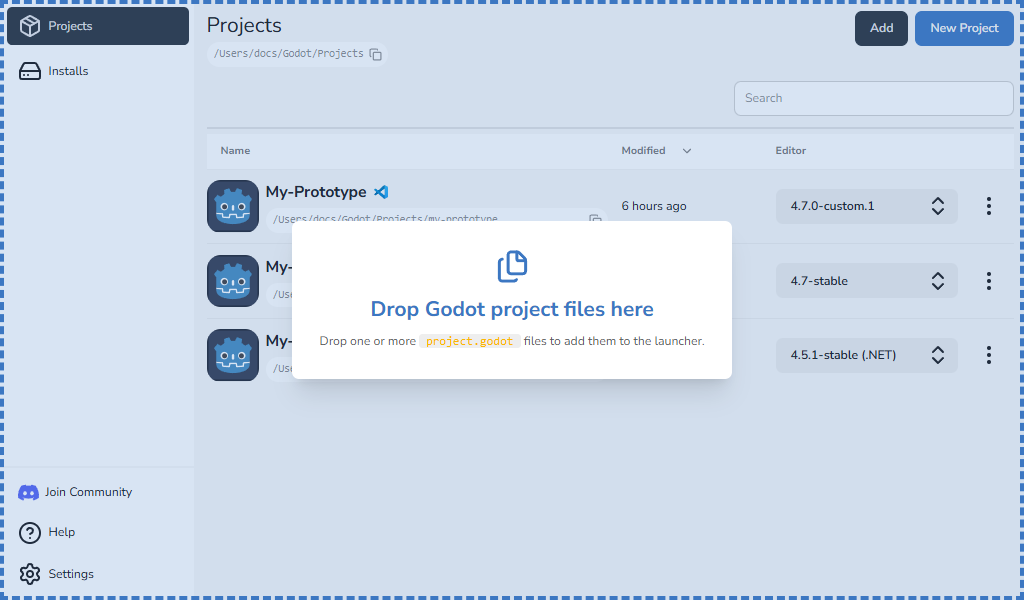 Projects view showing added entries