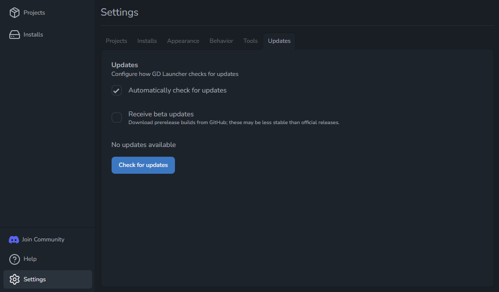 Settings view with updates options