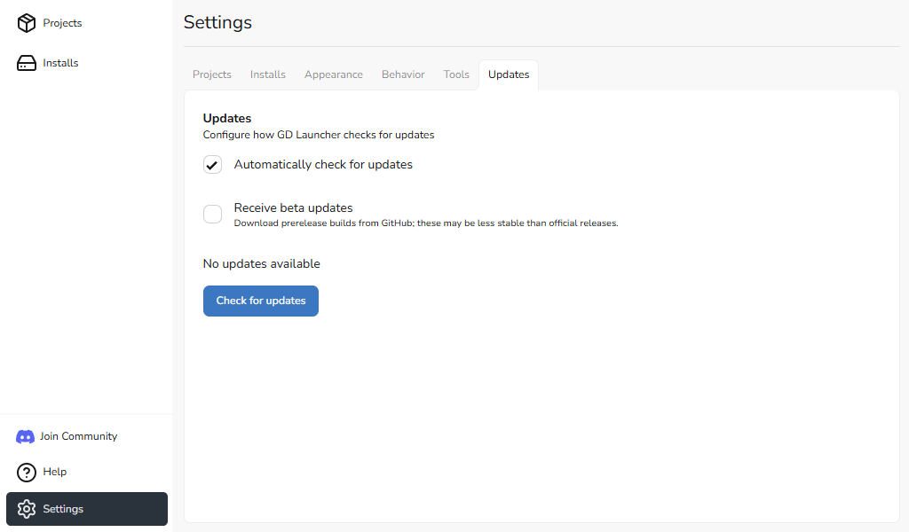 Settings view with updates options
