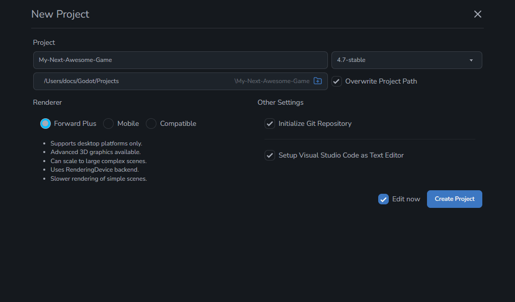 New Project view with Overwrite Project Path enabled