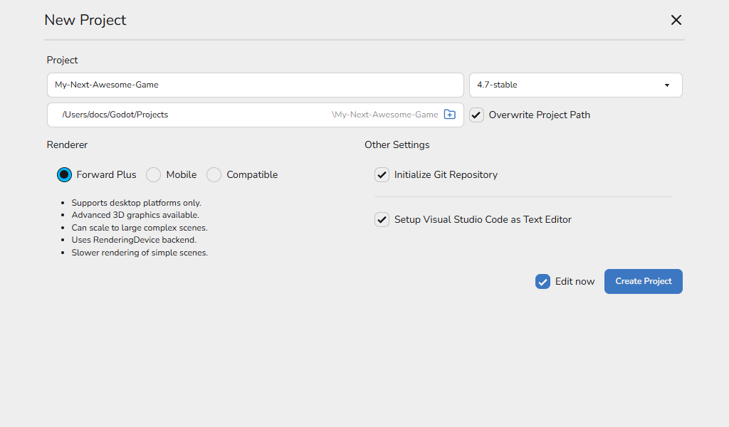 New Project view with Overwrite Project Path enabled