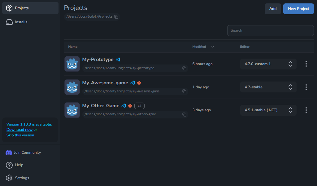 Projects view with update available banner