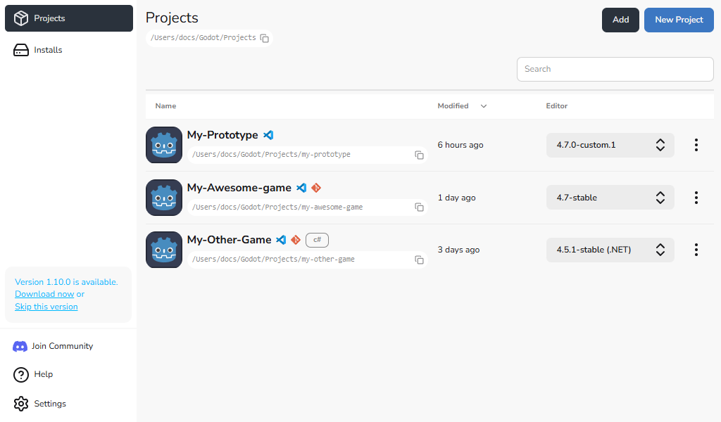 Projects view with update available banner
