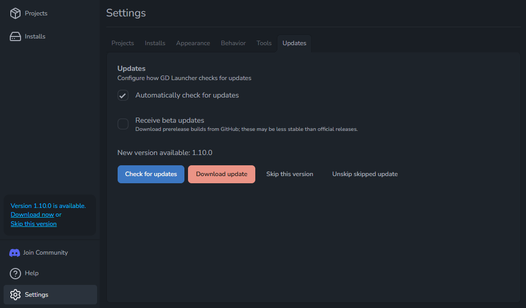 Settings view showing a skipped update manually restored
