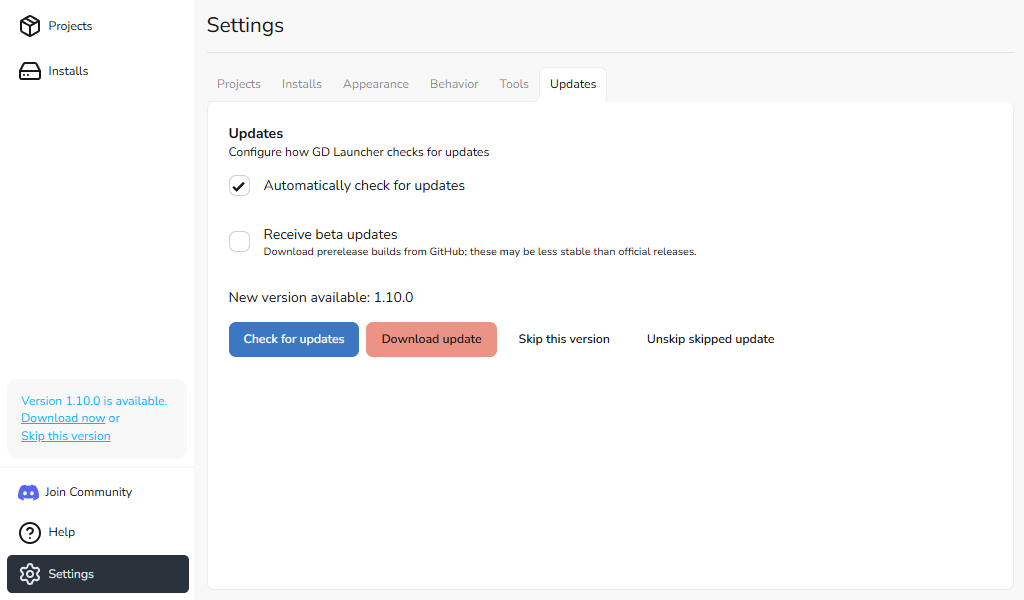 Settings view showing a skipped update manually restored
