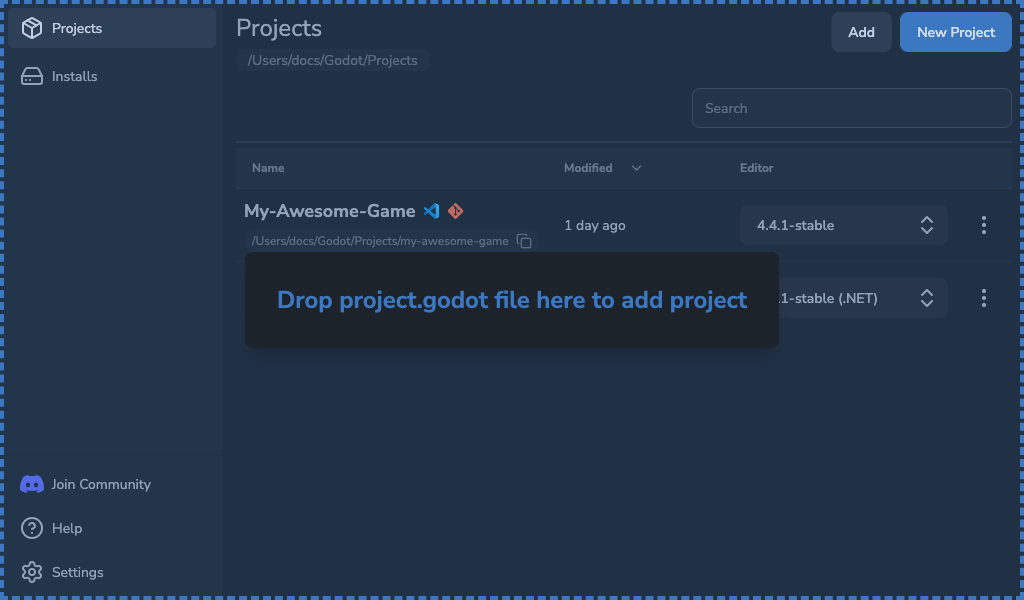 Projects view showing added entries