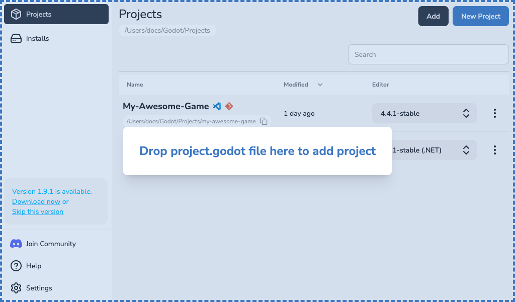 Projects view showing added entries