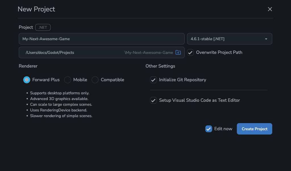 New Project view with Overwrite Project Path enabled