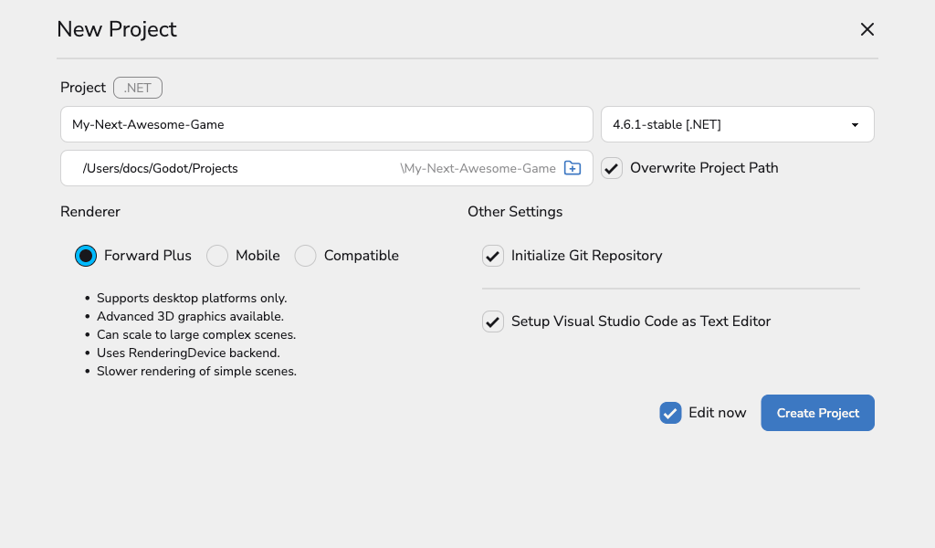 New Project view with Overwrite Project Path enabled