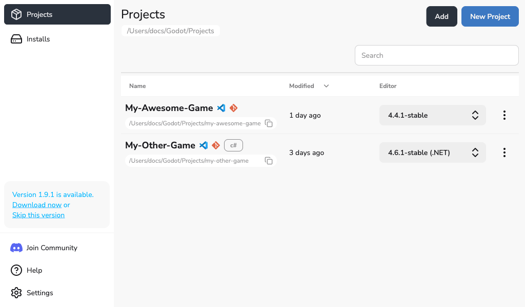 Projects view with update available banner