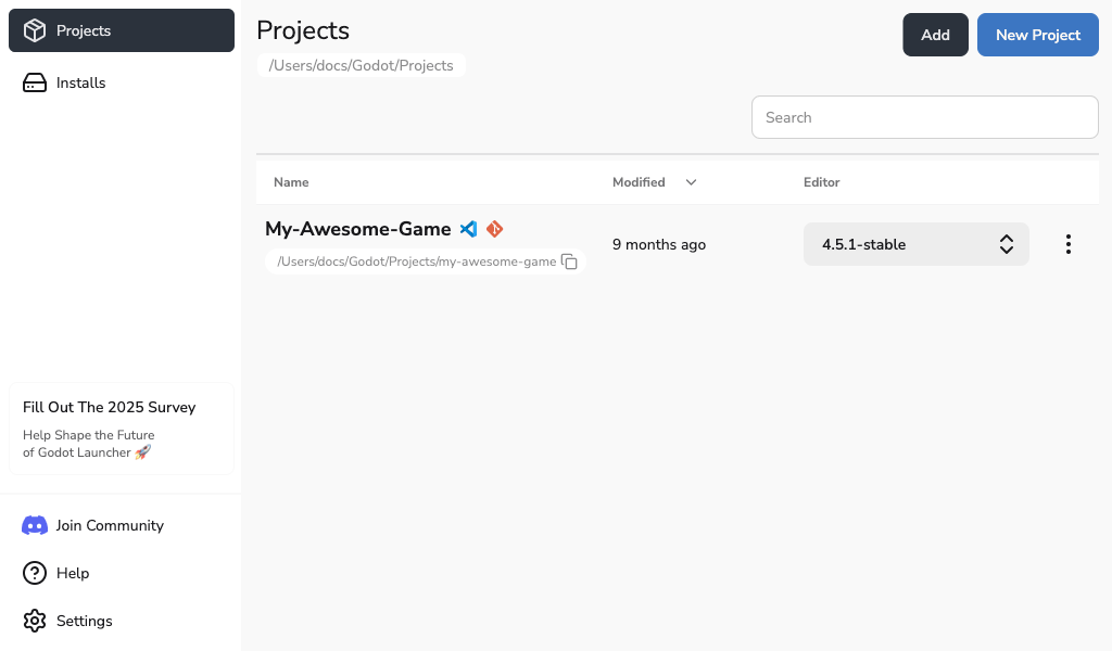 Screenshot of Godot Launcher