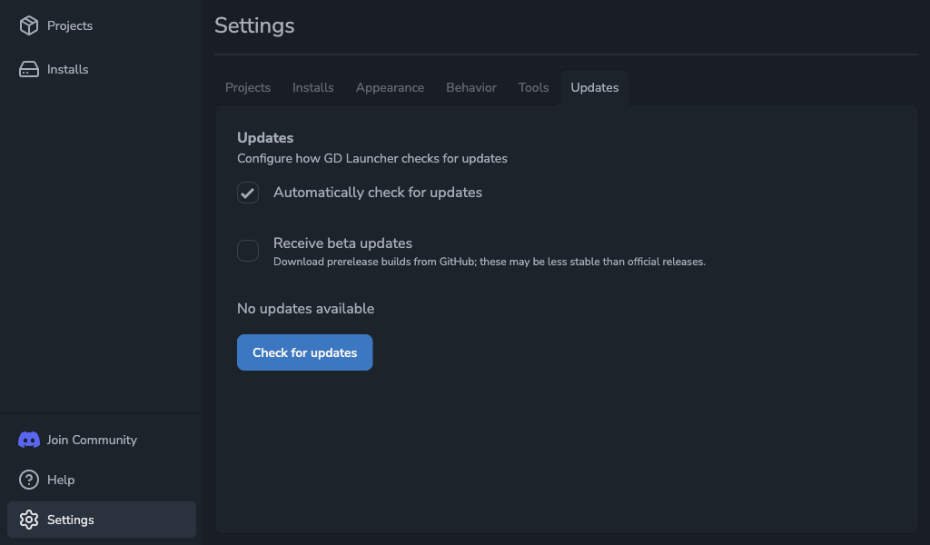 Settings view with updates options