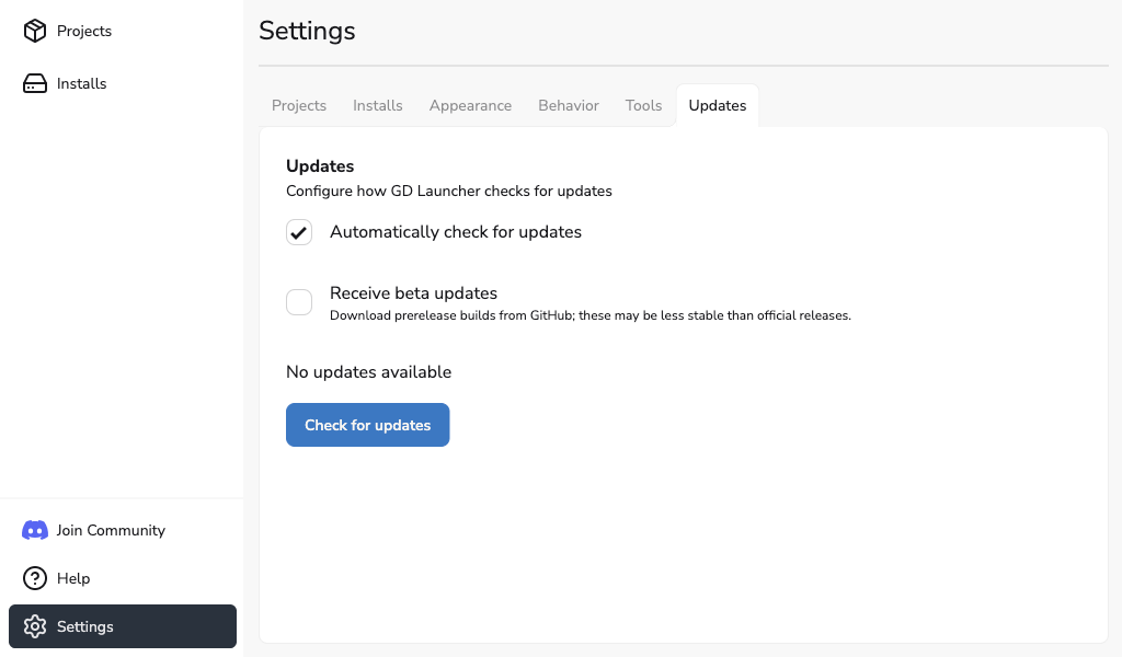 Settings view with updates options