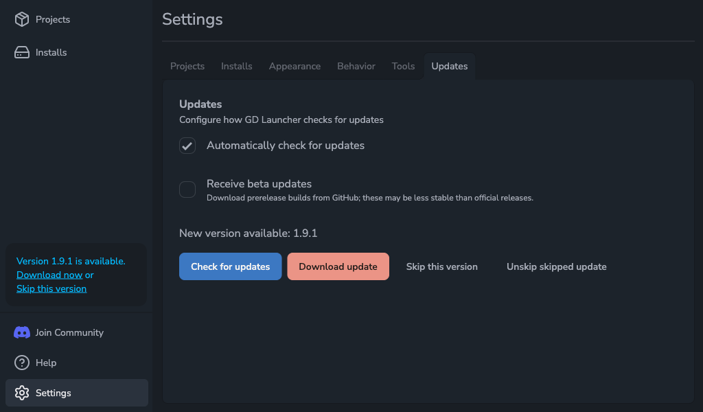 Settings view showing a skipped update manually restored